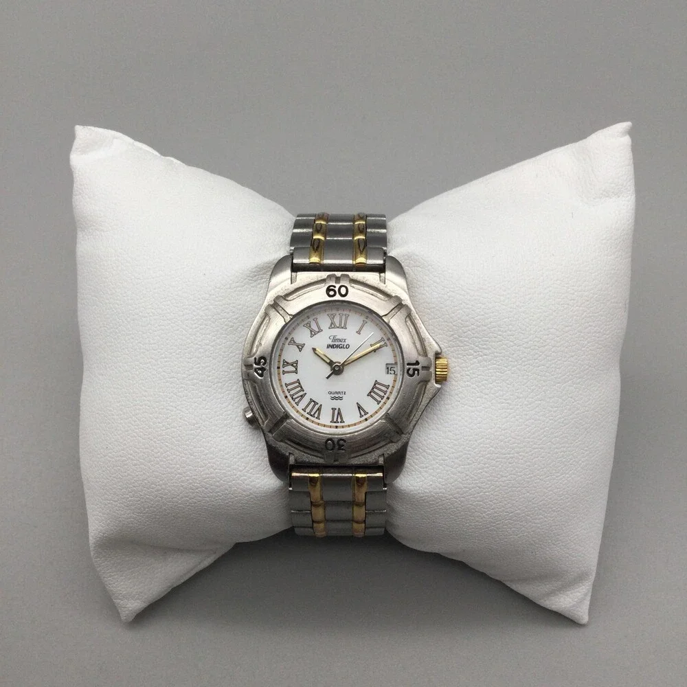 Timex Indiglo Womens Watch 28mm White Dial Two Tone Bracelet New Battery 5.5